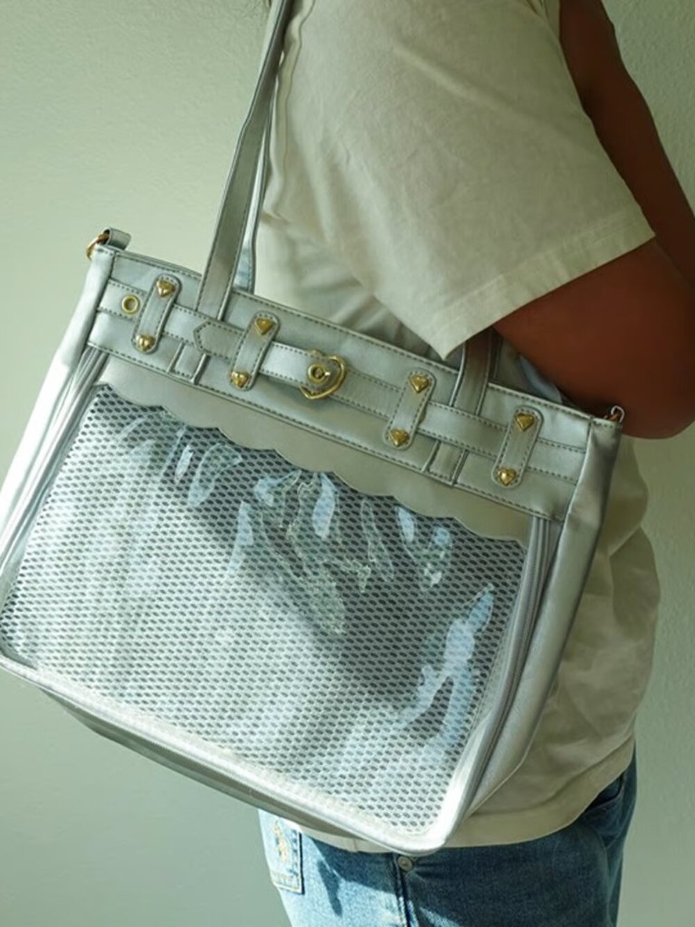 Silver Large Ita Bag Tote Crossbody Pin Display Bag Kawaii Anime JK Heart Buckle